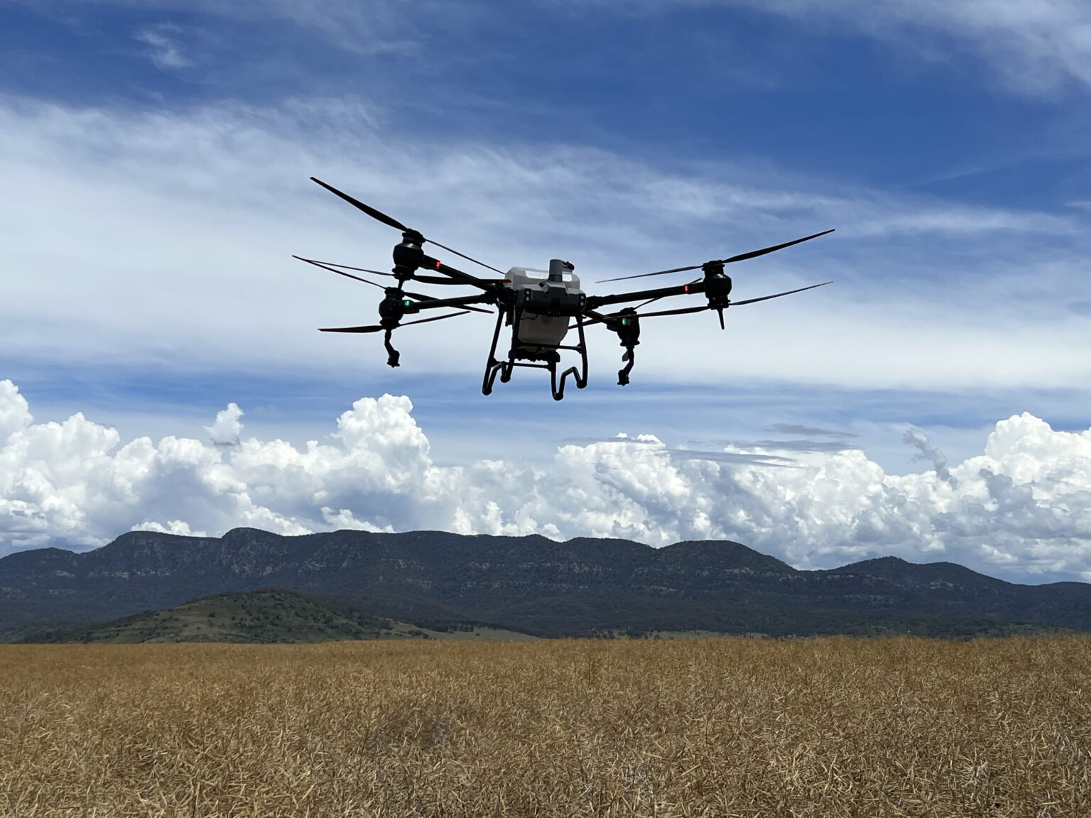 DJI Agras T40 drone in flight over agricultural field